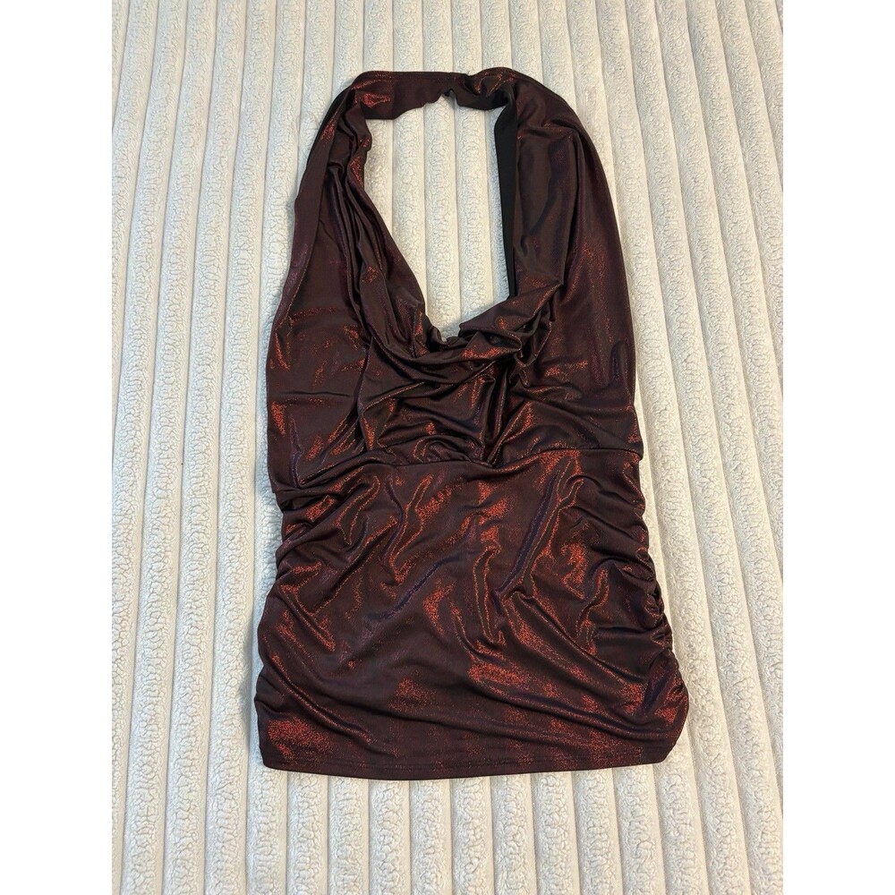 Vintage 90s Iridescent Ruched Halter Blouse Top Women’s Large Red Going out Tops